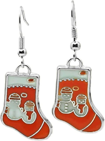 Red Christmas Stocking Snowman Drop Dangly Earrings