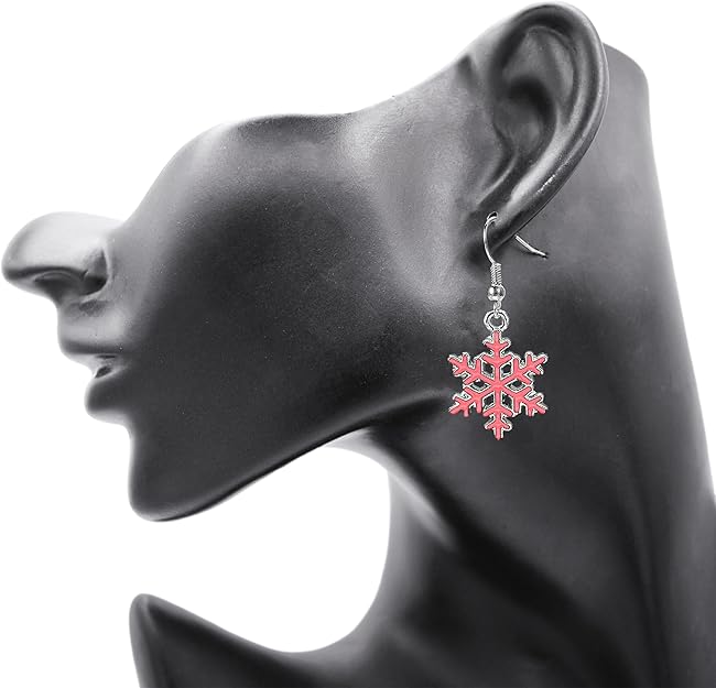 Pink Enamel Snowflake Drop Dangly Earrings