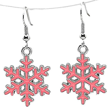 Pink Enamel Snowflake Drop Dangly Earrings