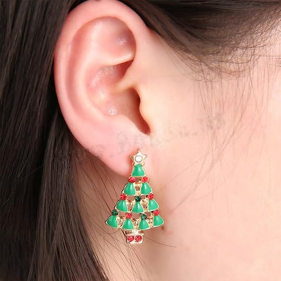 Sparkly Red and Green Rinestone Christmas Tree Gold Plated Stud Earrings